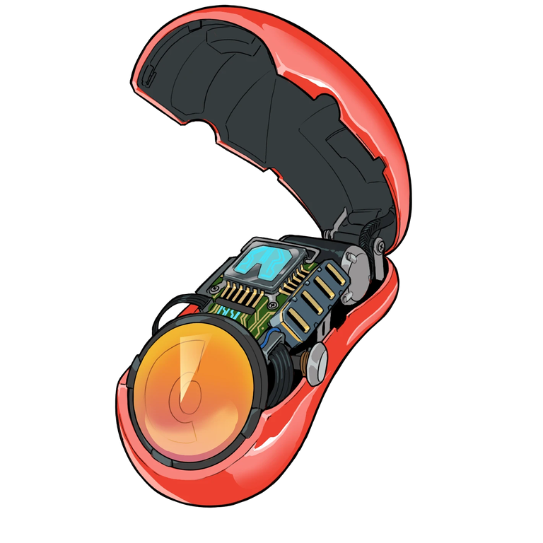 A CON with its hood open, showing the circuit board and lens inside